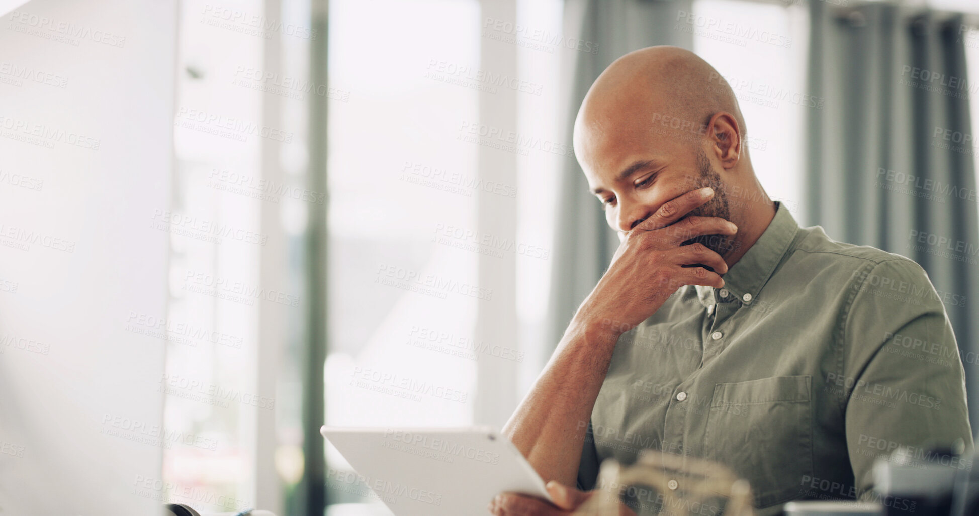 Buy stock photo Man, tablet and reading in home with ebook, story development and plot twist in literature. African person, tech and thinking in living room with research, article and blog on website platform