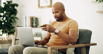 Buy stock photo Home, black man and laptop with credit card for online shopping, password information and payment. Sofa, male person and digital with debit for ecommerce, transaction and subscription for application