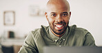 Black man, work from home and technology in portrait for startup planning, research or communication. Male entrepreneur, laptop and happy on internet for freelancing editing with online connection