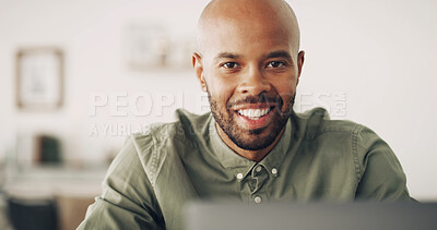 Buy stock photo Black man, work from home and technology in portrait for startup planning, research or communication. Male entrepreneur, laptop and happy on internet for freelancing editing with online connection