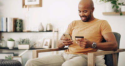Buy stock photo Home, black man and phone with credit card for online shopping, password information and payment. Sofa, male person and mobile with debit for ecommerce, transaction and subscription for application