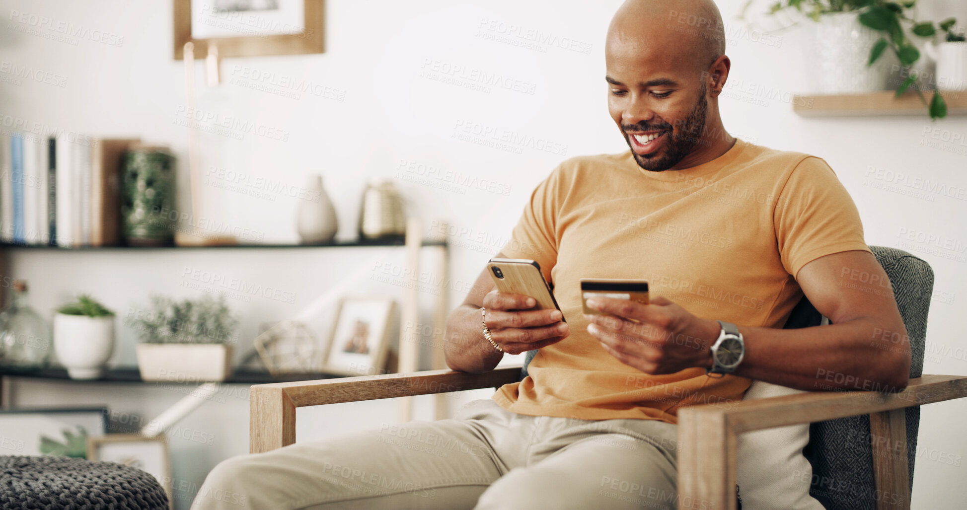 Buy stock photo Home, black man and phone with credit card for online shopping, password information and payment. Sofa, male person and mobile with debit for ecommerce, transaction and subscription for application
