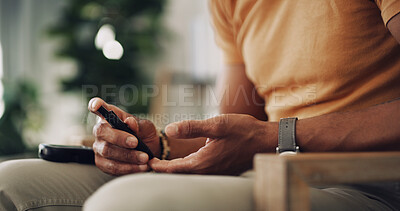Buy stock photo House, hands and man with diabetes machine, testing for glucose levels and chronic disease. Closeup, apartment and person in living room, medical and sugar with insulin, monitor and hypertension