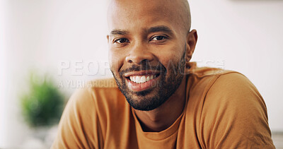 Buy stock photo African man, portrait and smile in home with relax, weekend break and chill in lounge. Person, face and stress free in living room for rest, good mood and enjoy me time in apartment with happiness