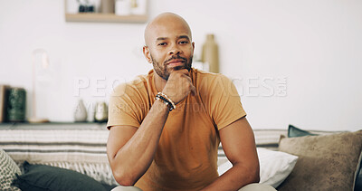 Buy stock photo Portrait, relax and thinking with man on sofa in living room of home for ideas, planning or rest. Contemplation, future and vision with confident person in apartment for inspiration or optimism