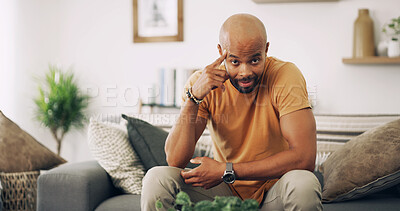 Buy stock photo Portrait, mindset and thinking with man on sofa in living room of home for ideas, planning or rest. Contemplation, future and mental health with person in apartment for inspiration or optimism