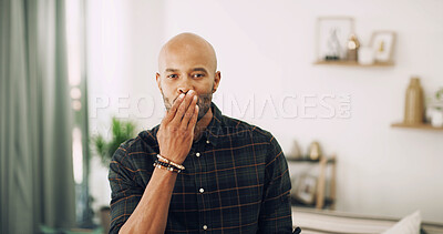Buy stock photo Man, portrait and blow kiss in home for love, flirty and date for valentines day. African person, gesture and expression in living room for romance, care and show appreciation in relationship