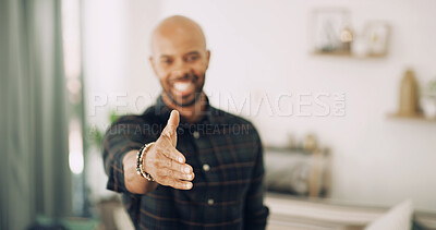 Buy stock photo Man, hand shake and offer for support or introduction, welcome or agreement with greeting in home. Meeting, deal or hello with male person in house, gesture for opportunity, thank you and trust