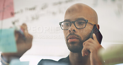 Buy stock photo Phone call, planning and man by glass in office for brainstorming, discussion and ideas. Creative company, business and person on smartphone with sticky notes for contact, research or project