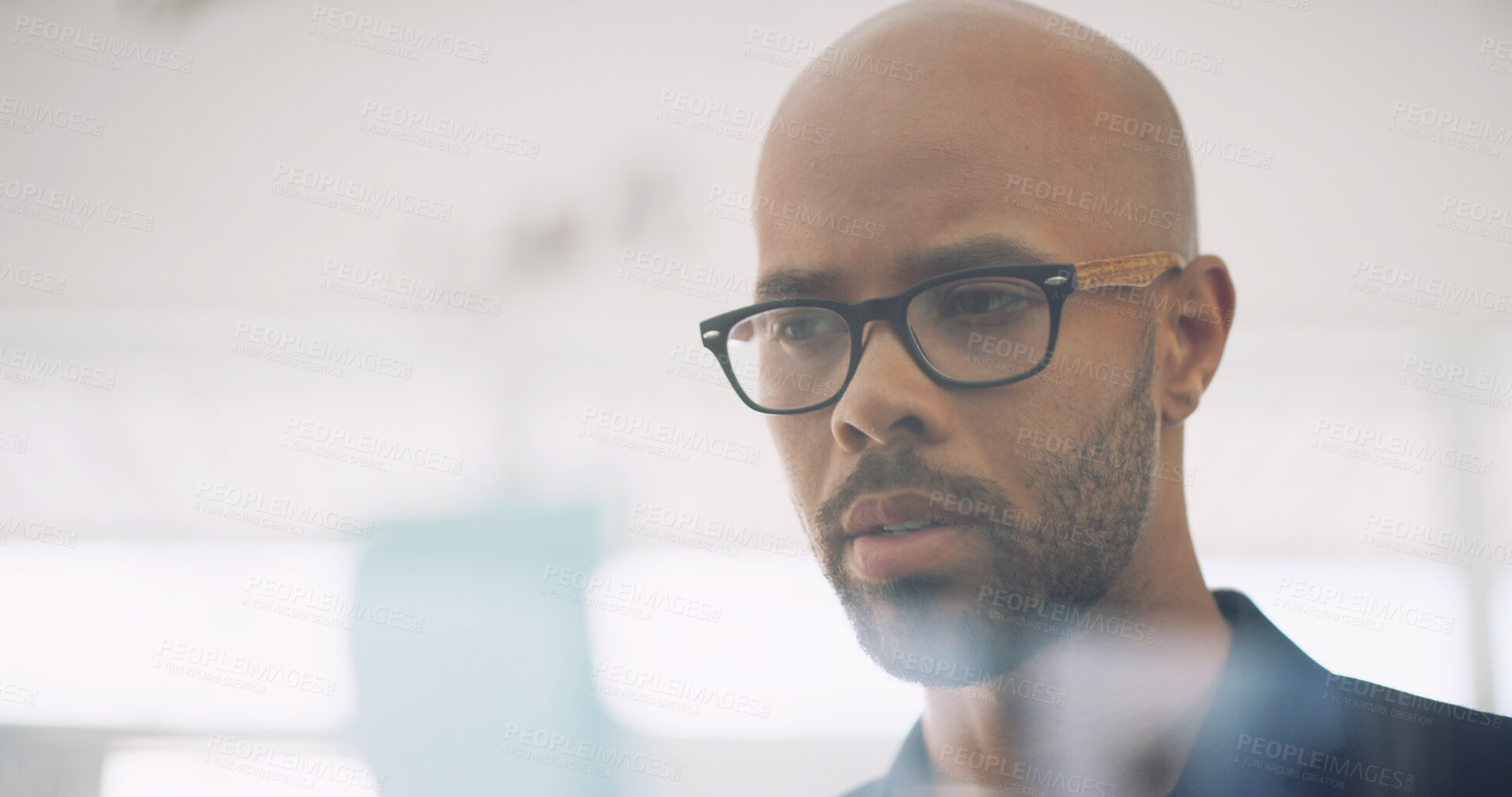 Buy stock photo Thinking, planning and business man by glass for brainstorming, discussion and ideas in office. Creative company, startup and person with sticky notes for strategy, research and schedule for project