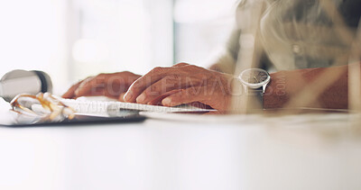 Buy stock photo Business person, hands and typing with keyboard for journalism, online report or article on office desk. Closeup, journalist or copywriter with technology for email marketing, app or communication