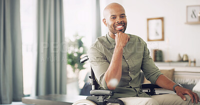 Buy stock photo Portrait, confident and man with smile, wheelchair and chilling in living room, relax and house. Happy, proud and black person with disability in lounge, break and guy with health condition in Kenya