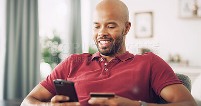 Buy stock photo Home, black man and phone with credit card for payment, password information and online shopping. Sofa, happy person and mobile with debit for ecommerce, transaction and subscription for application