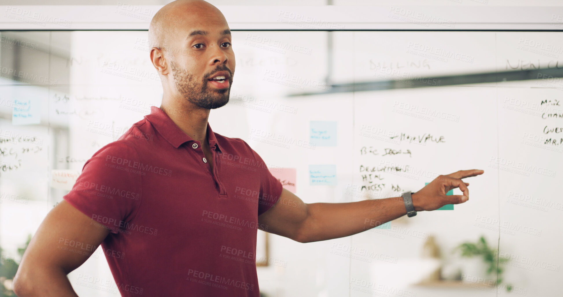 Buy stock photo Presentation, talking and man with info, office and glass board with notes, training and newsroom. Pointing, journalist and black person with plans for project, advice and public speaking in workshop