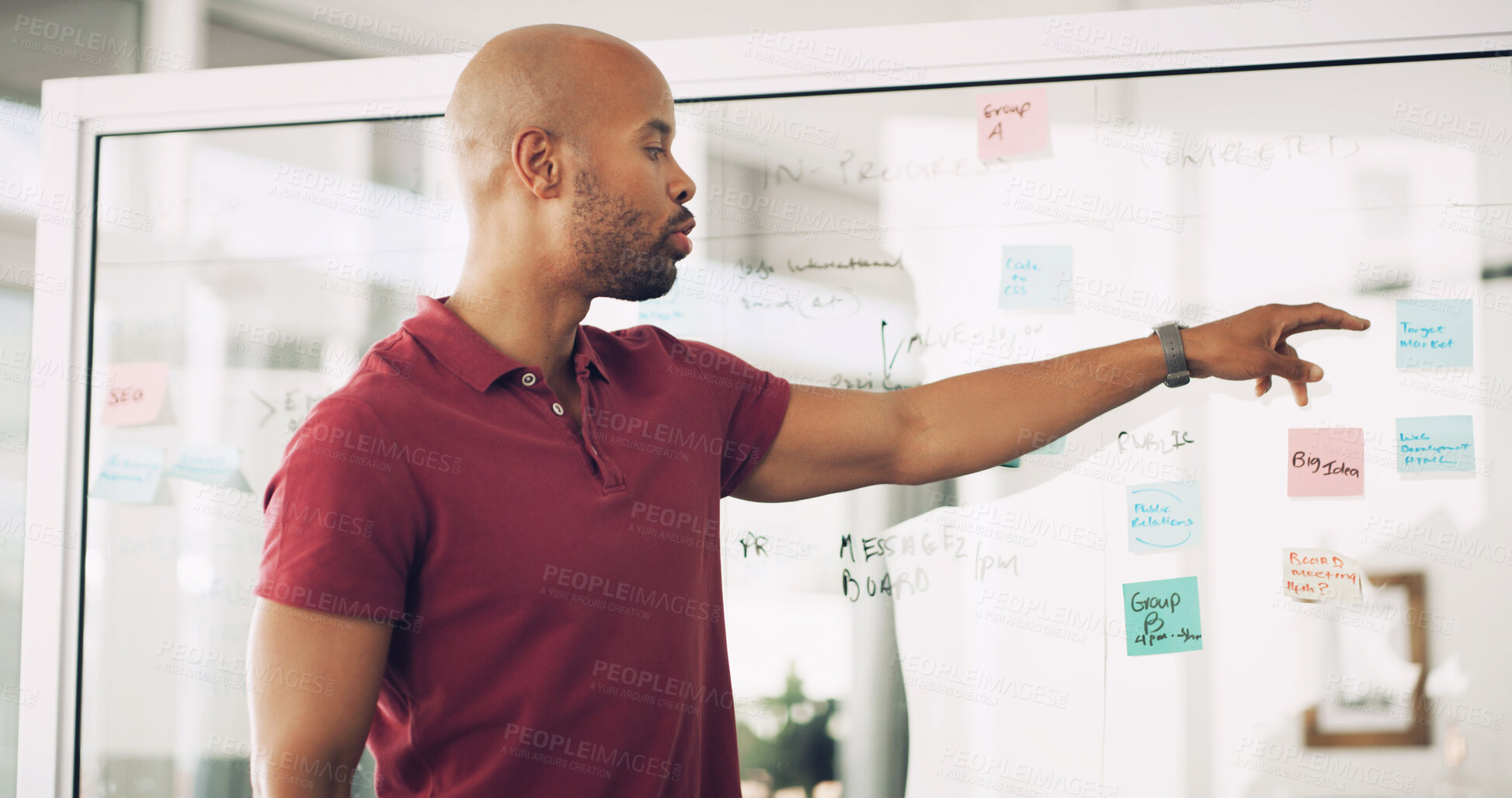 Buy stock photo Planning, glass wall and man with sticky note, office and ideas for agenda, brainstorming and business. Presentation, media analyst and pointing for project, person and audience research for agency