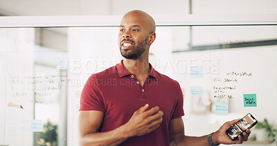 Buy stock photo Presentation, talking and man with phone, app development and ideas for agenda, brainstorming and business. Planning, media analyst and glass wall for project, person and audience research in agency