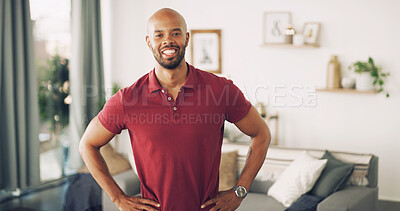 Buy stock photo Home, lounge and black man in portrait with happiness, apartment and confidence on weekend holiday. House, male person and positive smile in living room for day off, wellness and peaceful in morning