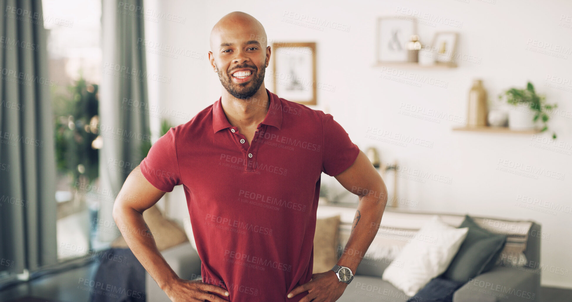 Buy stock photo Home, lounge and black man in portrait with happiness, apartment and confidence on weekend holiday. House, male person and positive smile in living room for day off, wellness and peaceful in morning