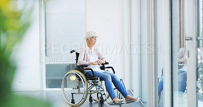 Buy stock photo Old woman, wheelchair and thinking by window for nostalgia, loneliness or reflection on life in nursing home. Remember, memory and female person with disability for depression, grief or mourning