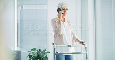 Buy stock photo Phone call, talking and senior woman in home for communication, contact and online chat. Retirement, happy and elderly person with walking frame on smartphone for conversation, hello and networking