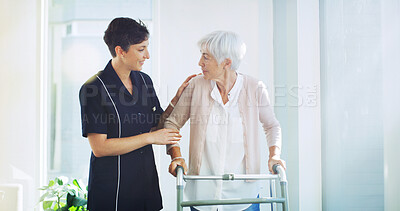 Buy stock photo Support, caregiver and old woman with walker in home for healthcare, physiotherapy or help in retirement. Senior care, nurse and elderly person with walking frame for mobility exercise in recovery