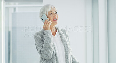 Buy stock photo Phone call, home and happy senior woman for communication, contact and online chatting. Retirement, thinking and elderly person by window on smartphone for conversation, connection and networking