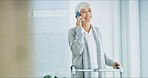 Phone call, happy and senior woman in home for communication, contact and online chat. Retirement, smile and elderly person with walking frame on smartphone for conversation, hello and talking