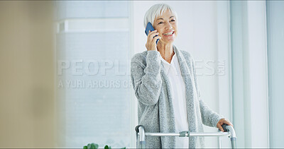 Buy stock photo Phone call, happy and senior woman in home for communication, contact and online chat. Retirement, smile and elderly person with walking frame on smartphone for conversation, hello and talking