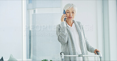 Buy stock photo Phone call, talking and elderly woman in home for communication, contact and online chat. Retirement, space and senior person with walking frame on smartphone for conversation, hello and networking