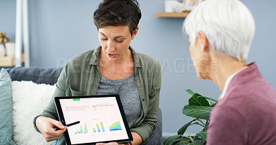 Buy stock photo Senior mother, woman and tablet for finance in home with charts, budget and planning for retirement income. People, touchscreen and guide with graphs for investment, growth and profit for pension
