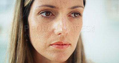 Buy stock photo Sad, thinking and woman with depression, anxiety and contemplation for trauma. Person, space and girl with wonder, choice and decision with fear, nervous and mental health with emotions and upset