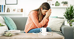 Home, crying and woman with heartbreak, breakup and emotional for divorce in lounge and mental health. Depressed, overwhelmed and thinking of stigma for failed marriage, house and person with stress