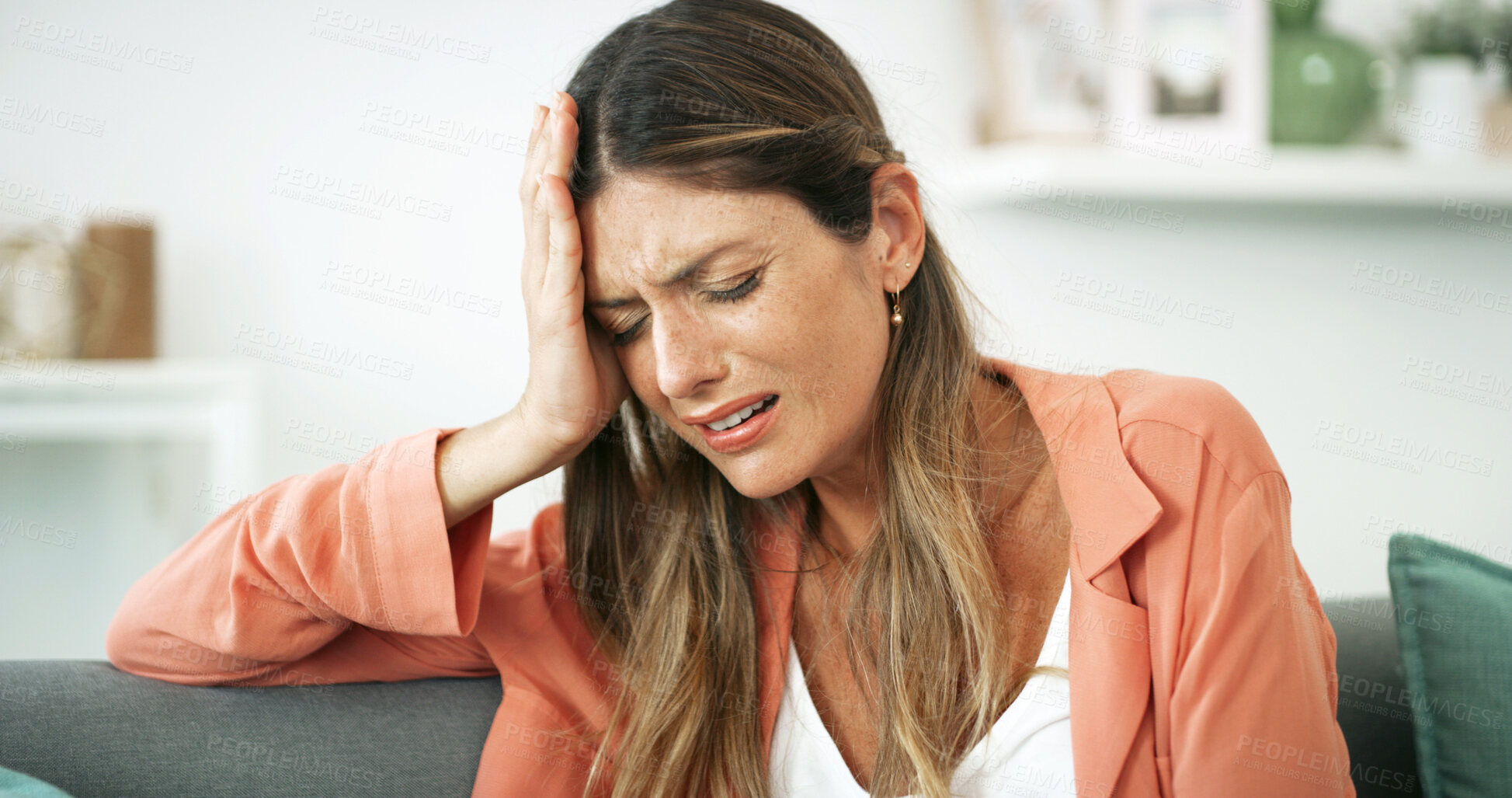 Buy stock photo Home, crying and woman with sadness, divorce and emotional for breakup in living room or mental health. Depressed, overwhelmed and thinking of stigma for failed marriage, lounge or person with stress