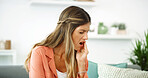 Frustrated woman, pain and jaw with tooth ache for dental issue, oral infection or gum disease at home. Female person, decay or sore teeth in discomfort for mouth cavity, illness or swollen abscess