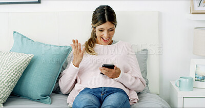 Buy stock photo Woman, phone and smile with surprise on sofa, chat and check notification in living room at in home. Person, happy and wow with smartphone, mobile app and gossip on social network at apartment