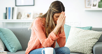 Buy stock photo Home, stress and woman with heartbreak, divorce and emotional for breakup in living room or sadness. Depressed, mental health and thinking of stigma for failed marriage, lounge or person with anxiety