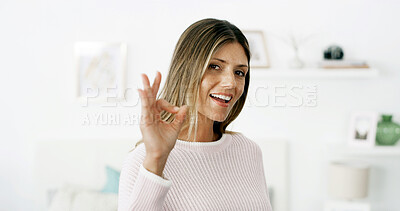 Buy stock photo Home, ok sign and woman with smile, portrait or confidence with thank you in lounge. Face, apartment or happy person with support, hand gesture or agreement with emoji, perfect or victory with symbol