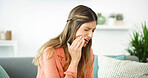 Frustrated woman, pain and infection with tooth ache for dental issue, oral or gum disease at home. Female person, teeth decay or sore jaw with discomfort for mouth cavity, illness or swollen abscess
