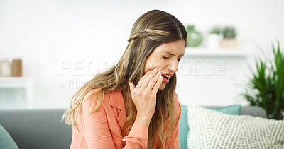 Buy stock photo Frustrated woman, pain and infection with tooth ache for dental issue, oral or gum disease at home. Female person, teeth decay or sore jaw with discomfort for mouth cavity, illness or swollen abscess