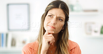 Buy stock photo Woman, thinking and confused with doubt for decision in home, frustrated and anxiety for future. Person, reflection and insight with perspective for choice, regret and mistake with memory at house