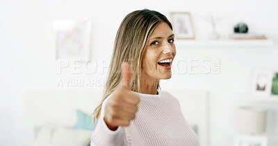 Buy stock photo Home, thumbs up and woman with smile, portrait or confidence with thank you in lounge. Face, apartment or happy person with pride, hand gesture or agreement with emoji, like or victory in living room