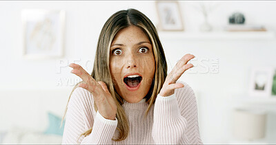 Buy stock photo Wow, surprise and portrait of woman in home for success, victory or winner with good news. Excited, shock and female person in living room with omg emoji for achievement, announcement or amazing deal