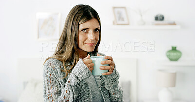 Buy stock photo Happy, coffee and portrait of woman in home on weekend, break or holiday in morning with relax. Smile, cappuccino and female person from New York with warm beverage in living room at apartment.