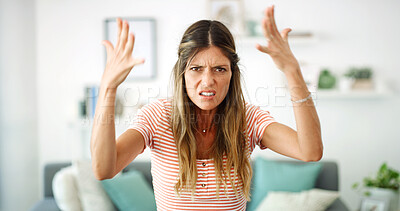Buy stock photo Woman, frustrated and stressed with portrait, issue or annoyed with confused expression in living room. Conflict, argument and discomfort, crisis or worried female person disagreement in lounge
