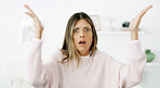 Shocked, portrait and woman with hands up, expression and why to fake news in home or unexpected. House, surprised and person with reaction in living room, gesture and confused by rumor and questions