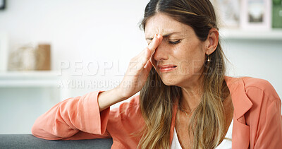 Buy stock photo Thinking, emotional and woman with sadness, crying and stress for financial crisis in living room. Mental health, overwhelmed and person with anxiety for unemployment, depressed and worried in house