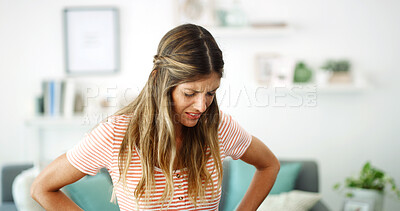 Buy stock photo Crying, thinking and woman with stress, house and emotional for sad memories in living room. Home, anxious and person with depression in lounge, unhappy or overwhelmed by grief in lonely apartment