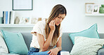 Frustrated woman, pain and sofa with tooth ache for gum disease, dental issue or jaw infection at home. Female person, decay or sore teeth in discomfort for mouth cavity, illness or swollen abscess