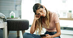 Woman, phone and smile on floor with relax, social media and funny message in text. Female person, mobile and happy in home for meme website, comedy video and gossip conversation on contact app