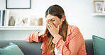 Heartbroken, crying and woman with sadness, house and emotional for breakup, anxiety and living room. Depressed, overwhelmed and thinking of stigma for failed marriage, lounge and person with stress